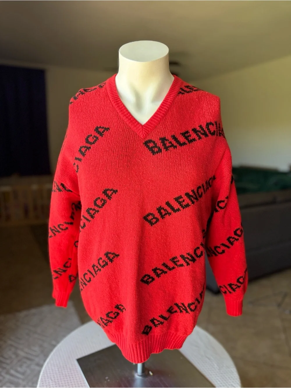 Balenciaga Red V-Neck Logo Knit Sweater Oversized XS